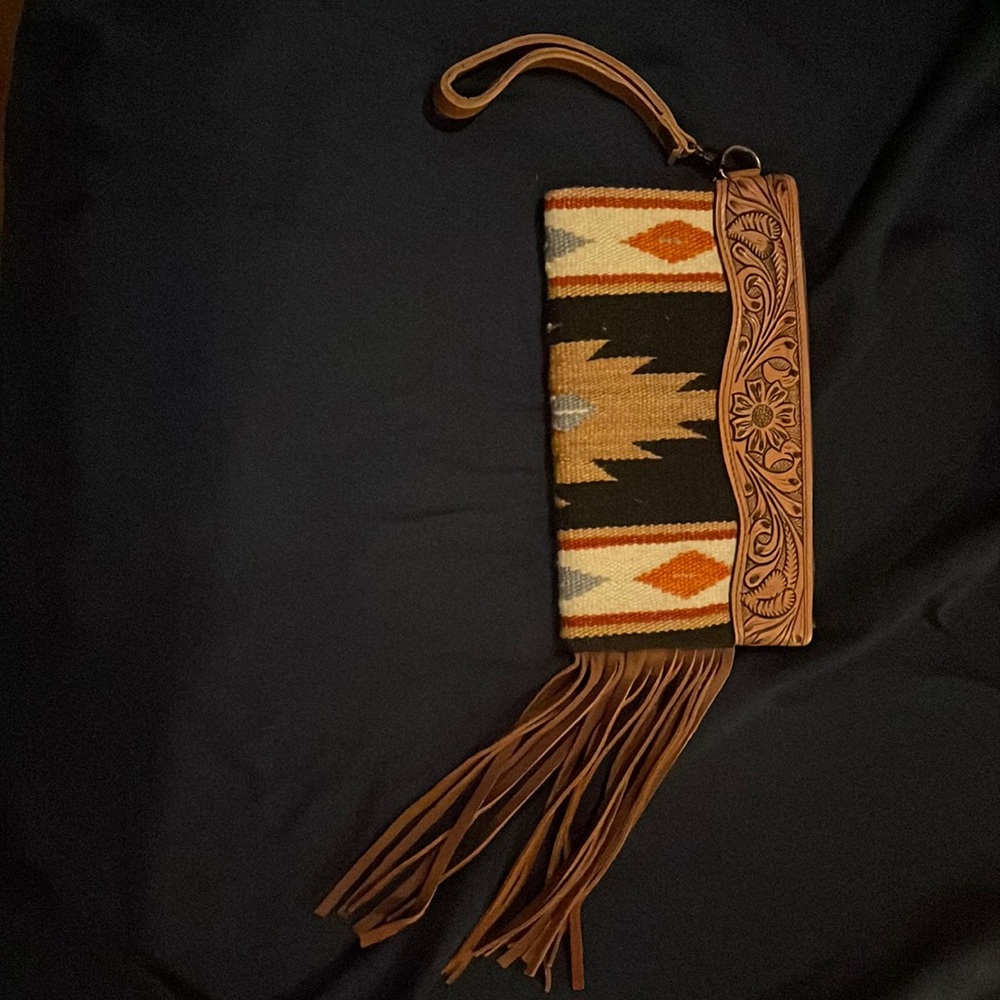 American Darling Southwestern Tan Black Orange Fringe Wristlet Clutch